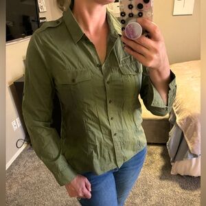 White House Black Market Button Down Blouse. Army green. Size 14